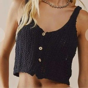 ⭐Free people We The Free Care Stanley Black Crochet Button Up Vest Top Size S